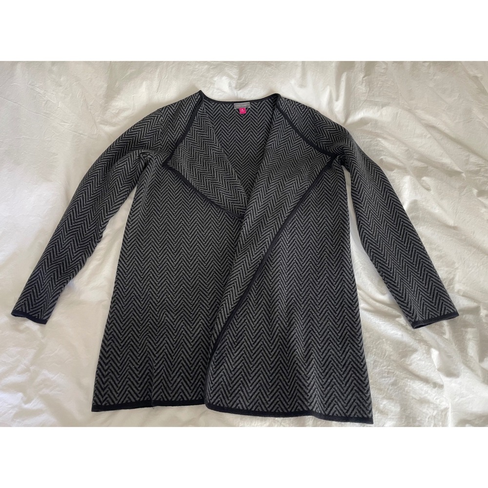 Vince Camuto Open Front Cardigan Grey Black Chevron 100% Cotton Knit Size M